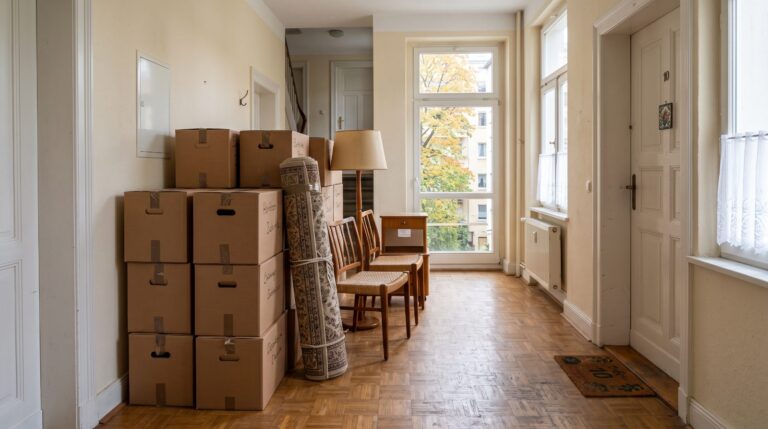 Gestapelte Umzugskartons und Möbel im Flur während einer Haushaltsauflösung