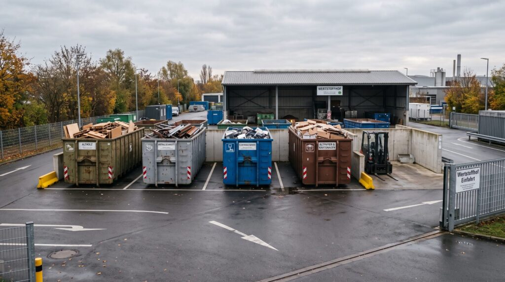 Wertstoffhof mit Containern für Holz, Metall, Elektroschrott und Pappe