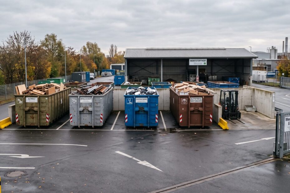 Wertstoffhof mit Containern für Holz, Metall, Elektroschrott und Pappe