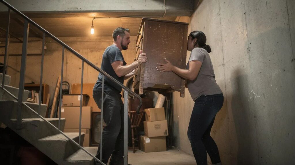 Zwei Personen tragen eine alte Kommode schritt für schritt eine Kellertreppe hinauf, während sie sich um die Entrümpelung des Kellers kümmern. Der Raum ist mit verschiedenen Gegenständen und Müll gefüllt, was auf eine bevorstehende Kellerentrümpelung hinweist.
