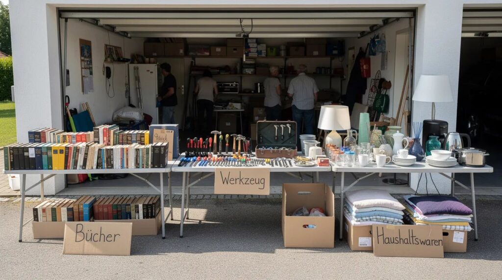 Auf einem Garagenflohmarkt sind verschiedene sortierte Gegenstände aus einem Haushalt zu sehen, darunter Bücher, Werkzeuge und Haushaltswaren, die ordentlich auf Regalen angeordnet sind. Diese Szene könnte eine Inspiration für die Kellerentrümpelung bieten, um Platz zu schaffen und zu entscheiden, wohin mit dem Müll und den nicht mehr benötigten Sachen.