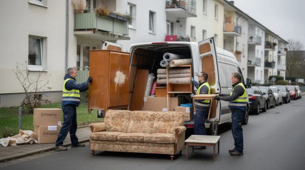 Ein Entrümpelungsteam belädt einen Transporter mit alten Möbeln und anderen Gegenständen vor einem Wohnhaus. Diese Szene zeigt den Prozess der Kellerentrümpelung, bei dem auch Fragen zur Entsorgung von Müll und Abfall aufkommen, während die Mitarbeiter Schritt für Schritt vorgehen.