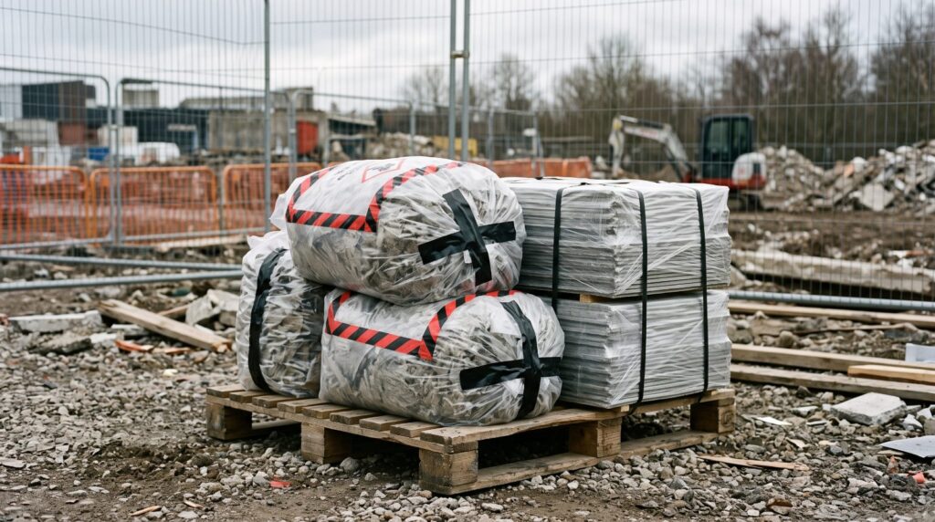 Verpackte Asbestabfälle und Faserzementplatten auf einer Palette an der Baustelle
