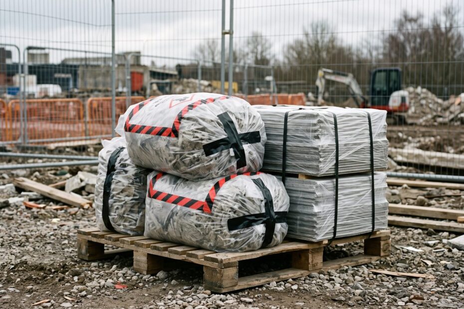 Verpackte Asbestabfälle und Faserzementplatten auf einer Palette an der Baustelle