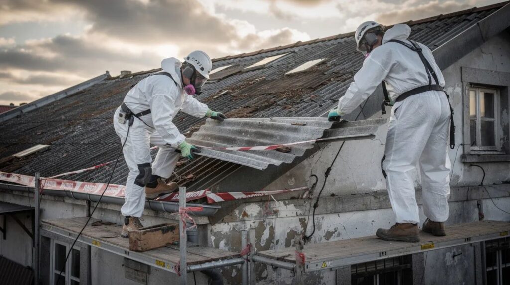 Auf dem Bild sind Bauarbeiter in Schutzanzügen zu sehen, die vorsichtig Wellplatten von einem älteren Gebäudedach demontieren. Diese Arbeiten sind Teil von Abbruch- und Sanierungsmaßnahmen, bei denen besondere Vorsicht im Umgang mit asbesthaltigen Materialien gemäß den technischen Regeln für Gefahrstoffe (TRGS 519) geboten ist.