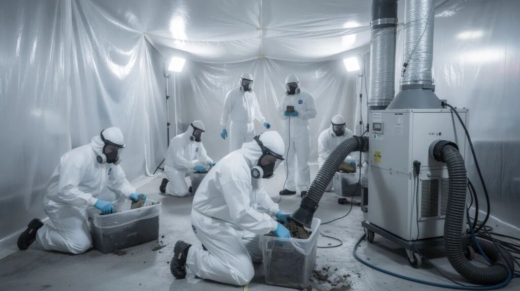 Auf dem Bild sind Fachkräfte in Vollschutzanzügen zu sehen, die Sanierungsarbeiten in einem abgeschotteten Innenraum durchführen. Der Raum ist mit Folie abgedeckt und verfügt über eine Absauganlage, um die Exposition gegenüber Gefahrstoffen wie Asbest zu minimieren, gemäß den technischen Regeln für Gefahrstoffe (TRGS 519).